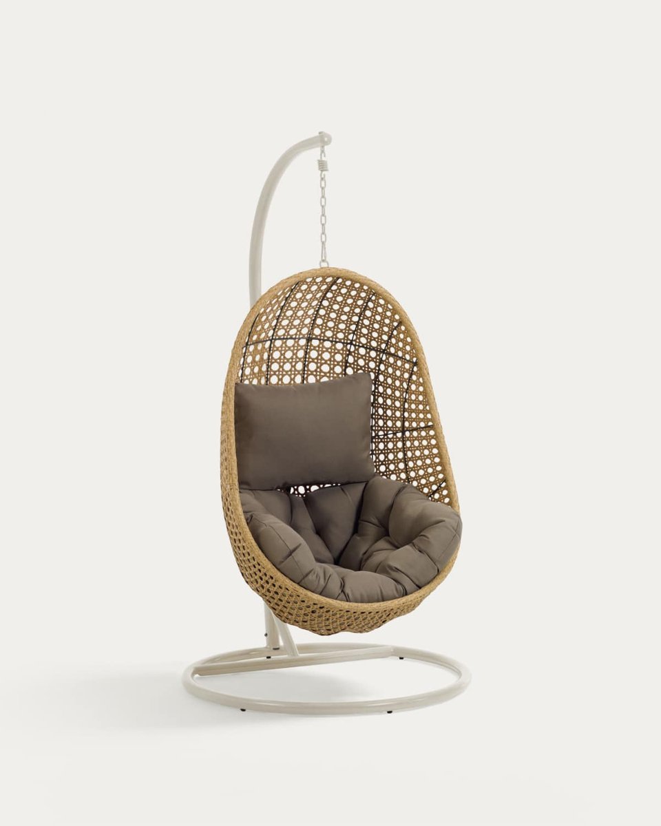 Sillón colgante con pie gris claro Cira con acabado natural