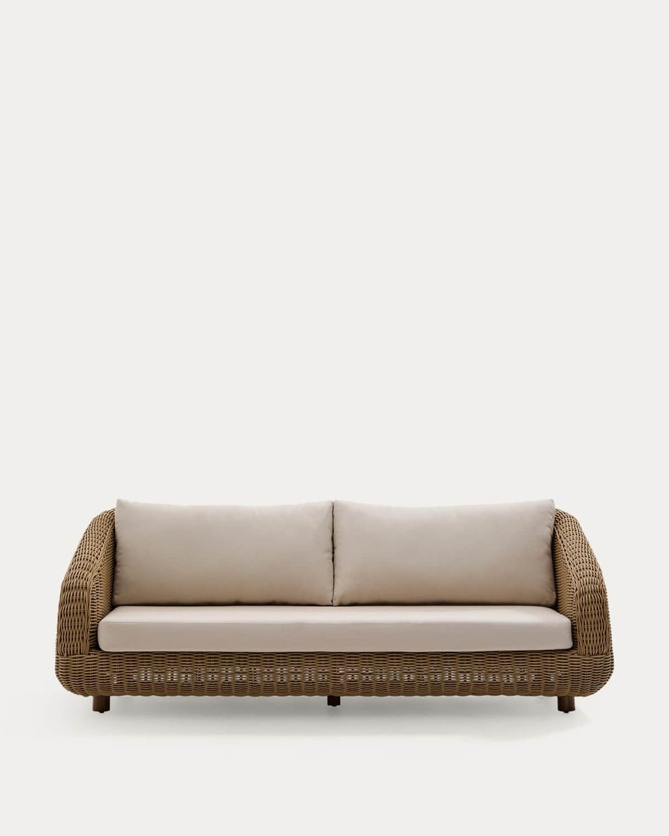 Sofá Meria de 3 plazas de ratán sintético y patas de madera maciza de acacia FSC 100% 208 cm