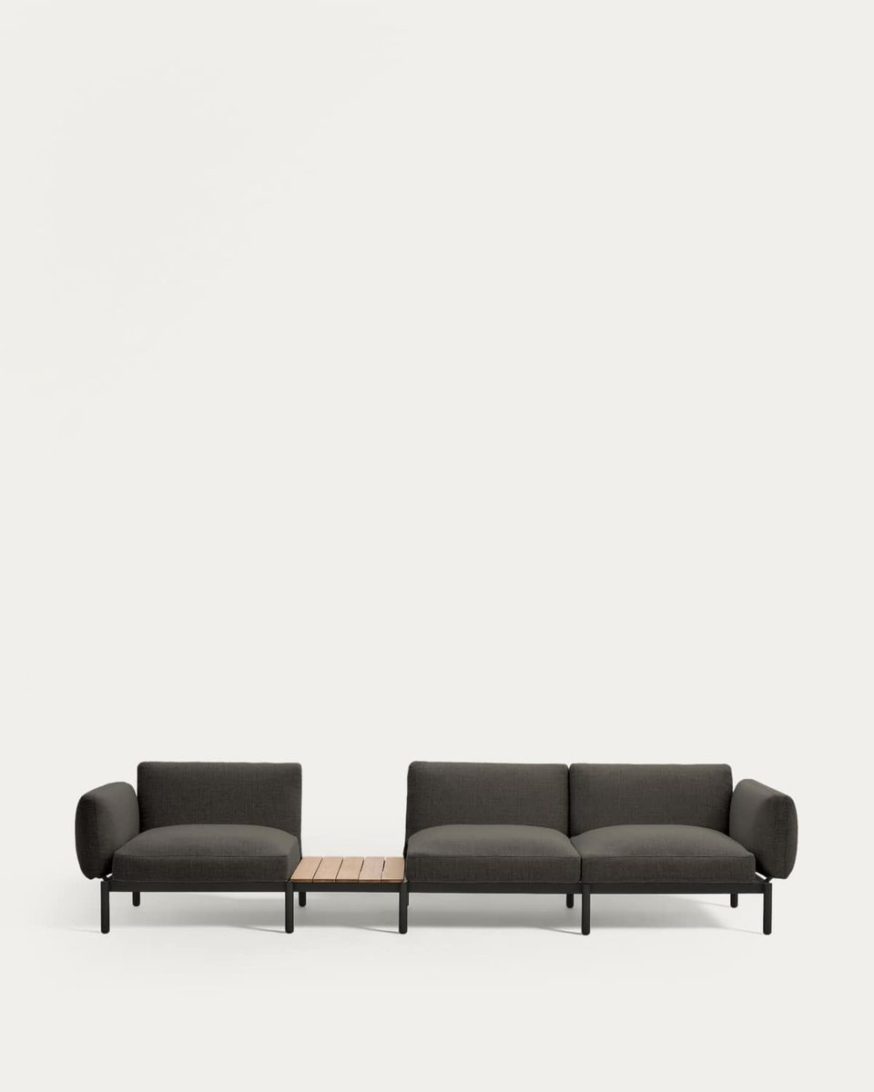 Sofá modular exterior Sorells 3 plazas tapizado gris y aluminio gris con mesa de teca 341 x 113 cm FSC 100%