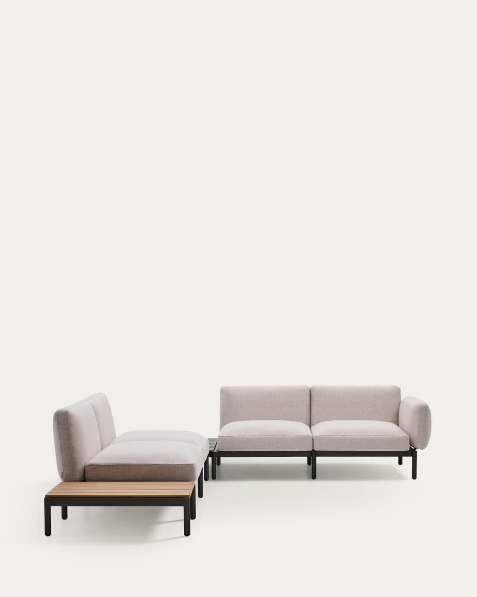 Sofá modular rinconero exterior Sorells 4 plazas tapizado beige y aluminio gris mesa de teca 353 x 316,5 cm FSC 100%