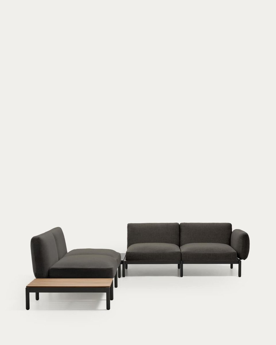 Sofá modular rinconero exterior Sorells 4 plazas tapizado gris y aluminio gris mesa de teca 353 x 316,5 cm FSC 100%