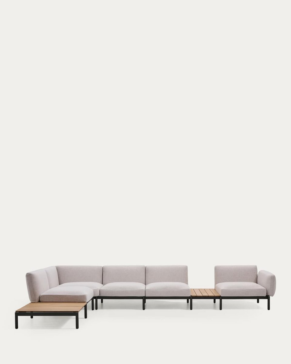 Sofá modular rinconero exterior Sorells 5 plazas tapizado beige y aluminio gris con mesas de teca 277 x 446 cm FSC 100%