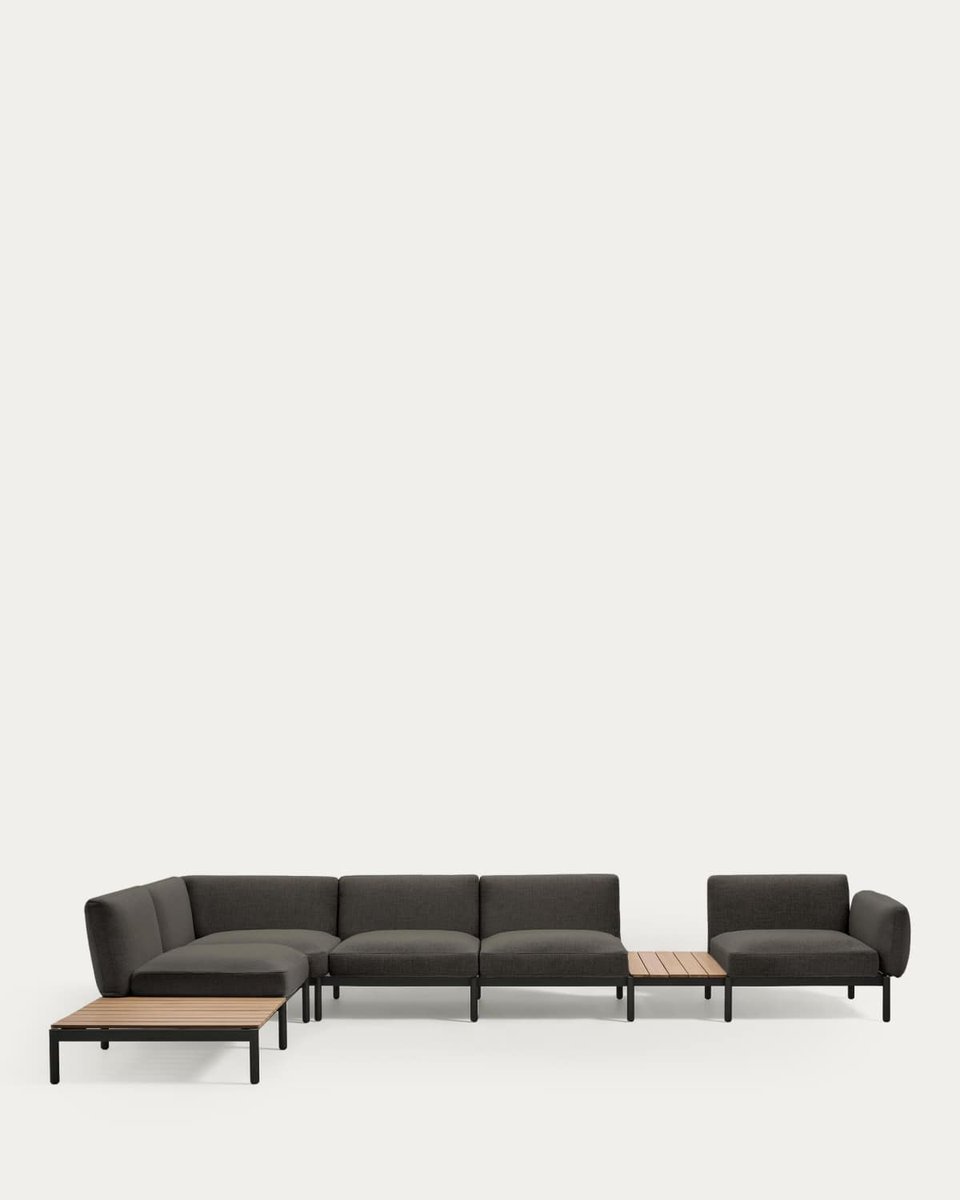 Sofá modular rinconero exterior Sorells 5 plazas tapizado gris y aluminio gris con mesas de teca 277 x 446 cm FSC 100%