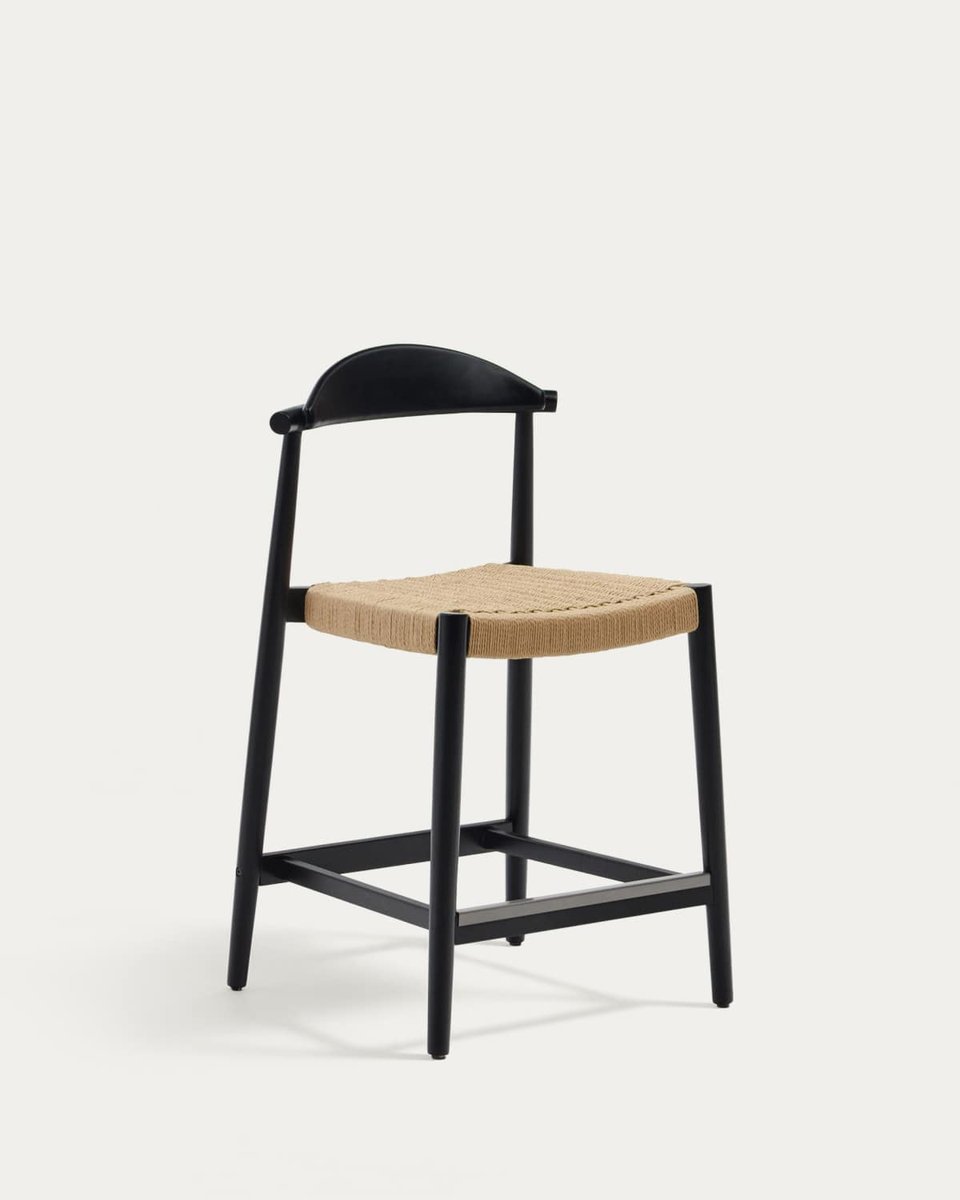 Taburete Nina de madera maciza de acacia acabado negro y cuerda beige altura 62cm FSC 100%